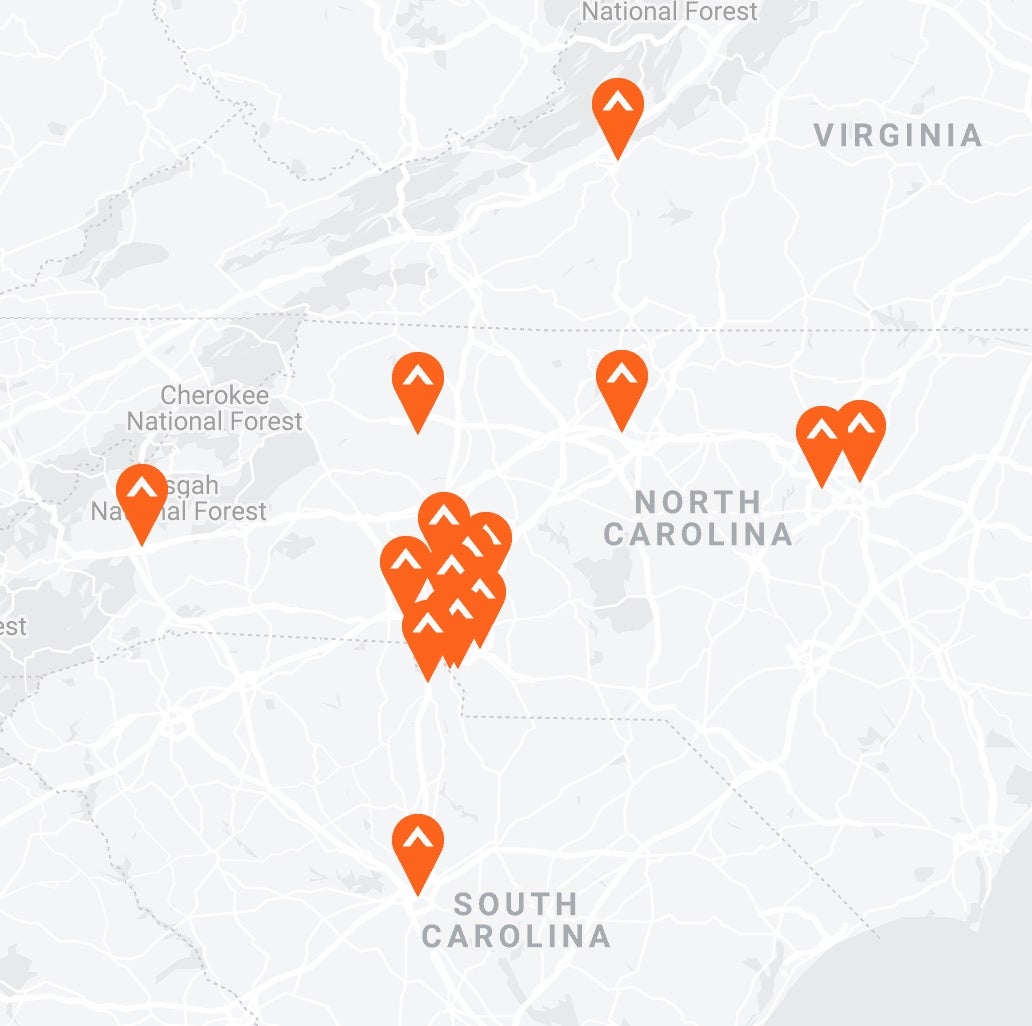 A map with markers of depicting each Elevation Church location.